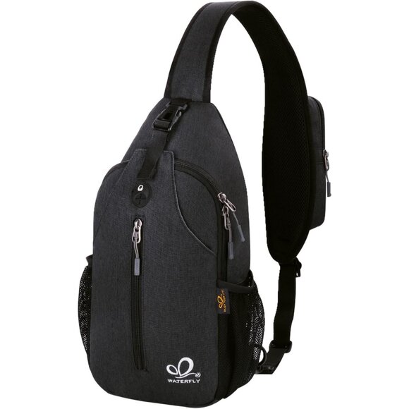 Waterfly Men Women Black Crossbody Adjustable Strap Hiking Sling Backpack - Picture 1 of 6